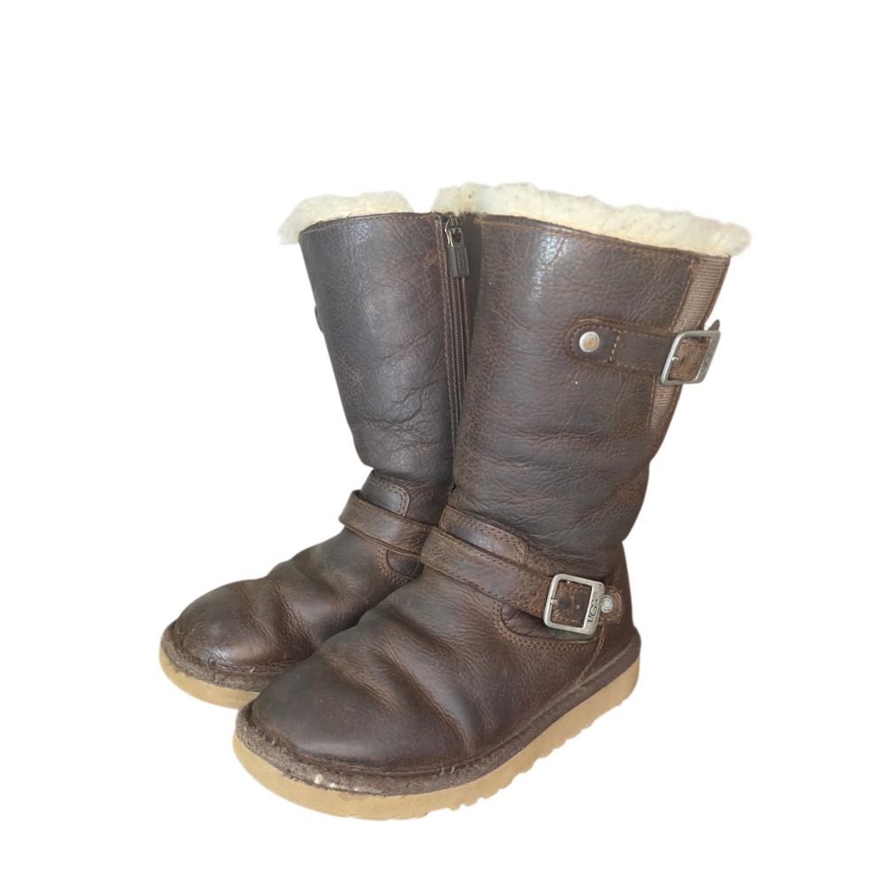 UGG Kensington Girls 1 Brown Leather Sheepskin Sherpa Shearling Lined Snow Boots